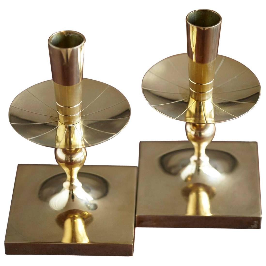 Pair of Tommi Parzinger Brass Candleholders Made by Dorlyn Silversmiths For Sale