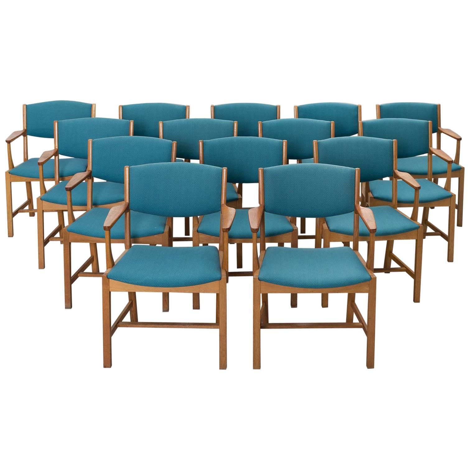 Set of 14 Danish Armchairs in Oak and Blue Fabric Upholstery 
