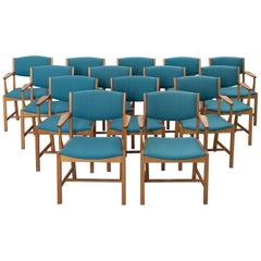 Set of 14 Danish Armchairs in Oak and Blue Fabric Upholstery 