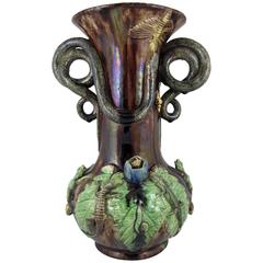 Mid-19th Century Manuel Mafra Caldas Portuguese Palissy Snake Handled Large Vase