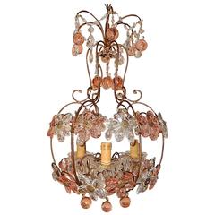 French Bagues Style Pink and Clear Crystal Prism Flowers Chandelier