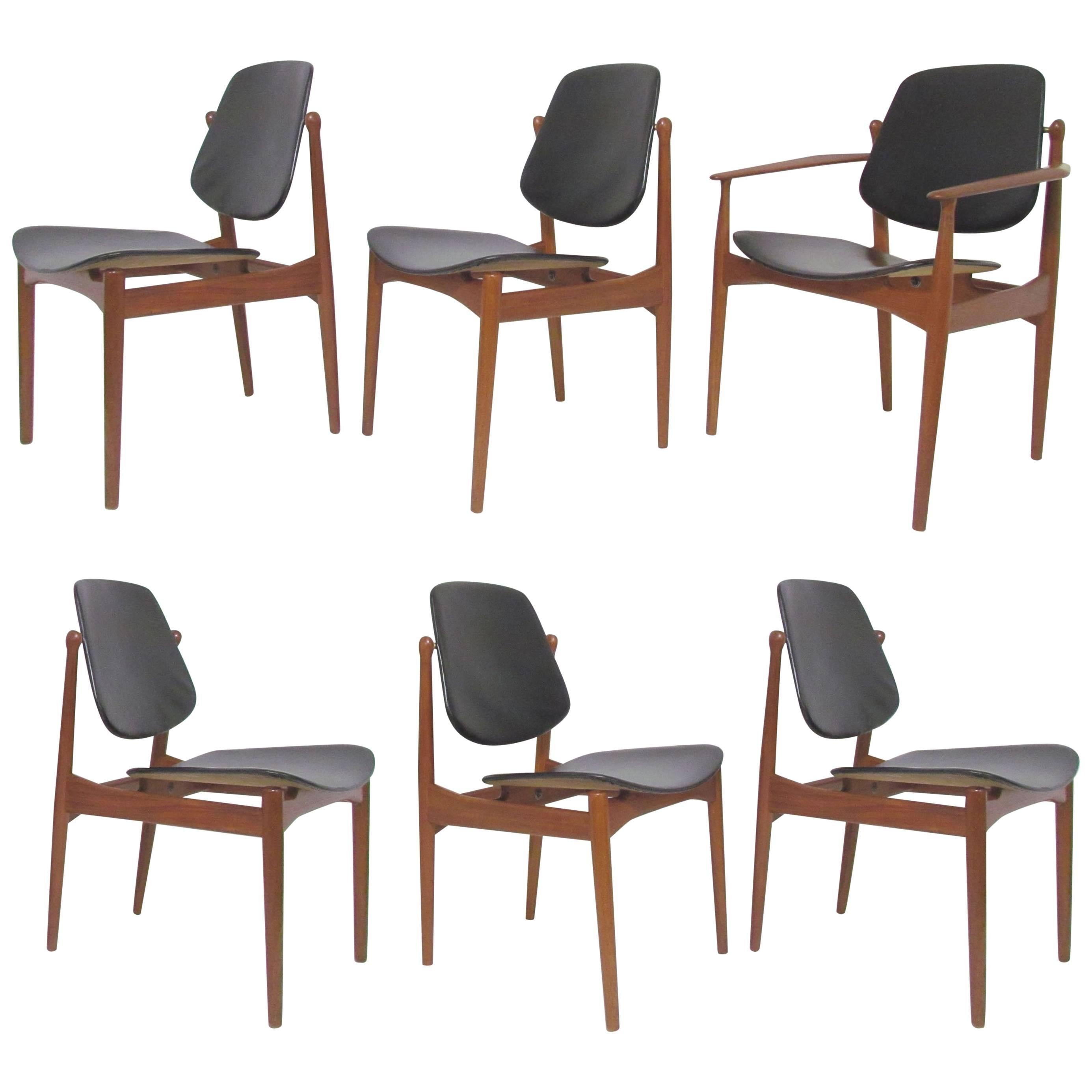 Set of Six Arne Vodder Teak & Leather Danish Dining Chairs, France & Daverkosen