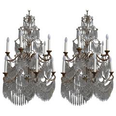 Pair of Italian Crystal Chandelier with Gilded Iron and Wood Frames