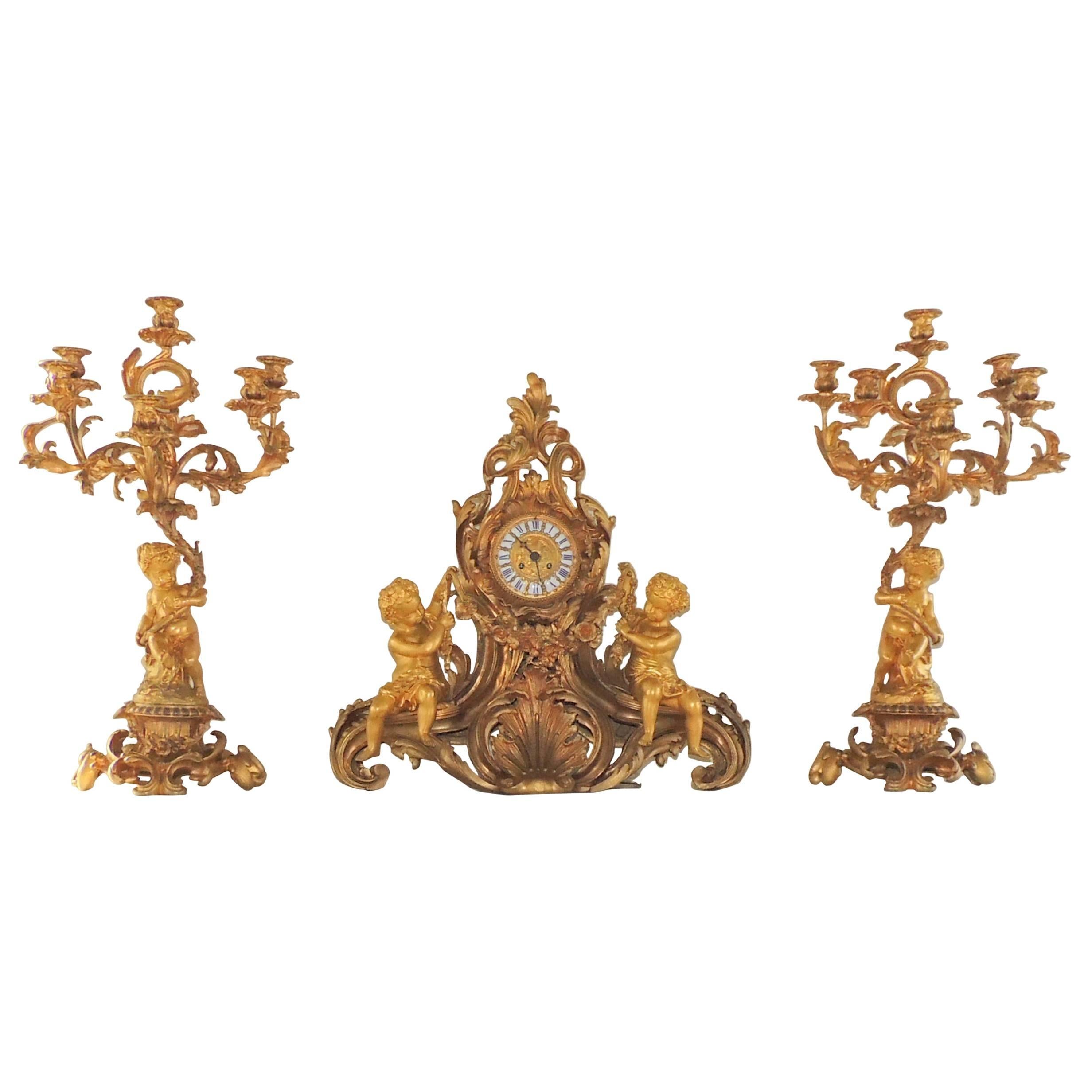 Wonderful Large French Cherub Putti, Gilt Dore Bronze Rococo Clock Set
