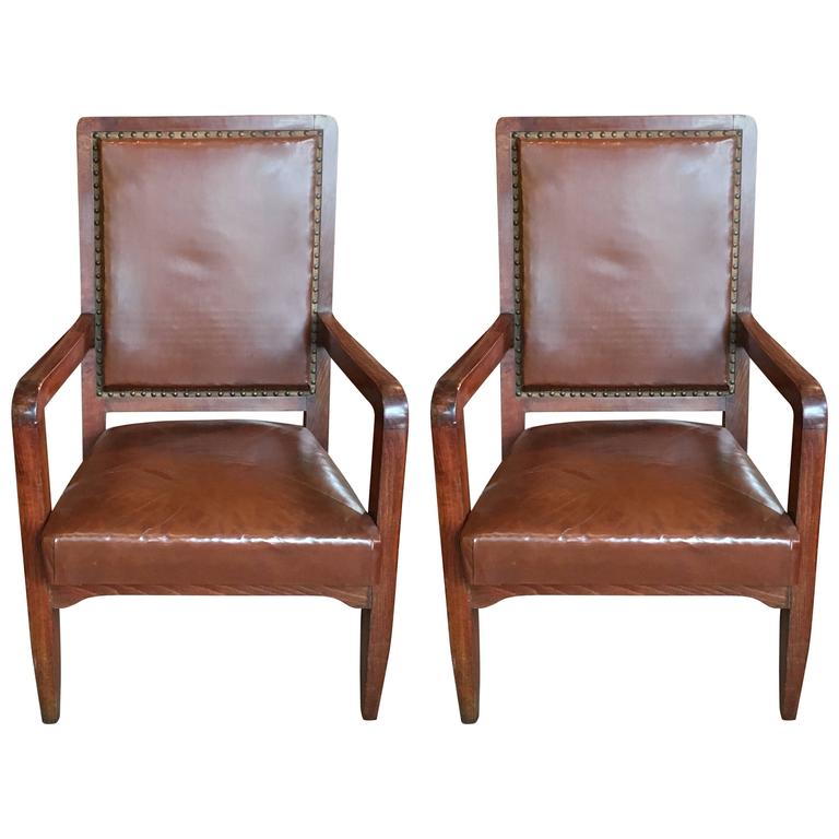 Pair of French Deco Leather Library Chairs For Sale at 1stdibs