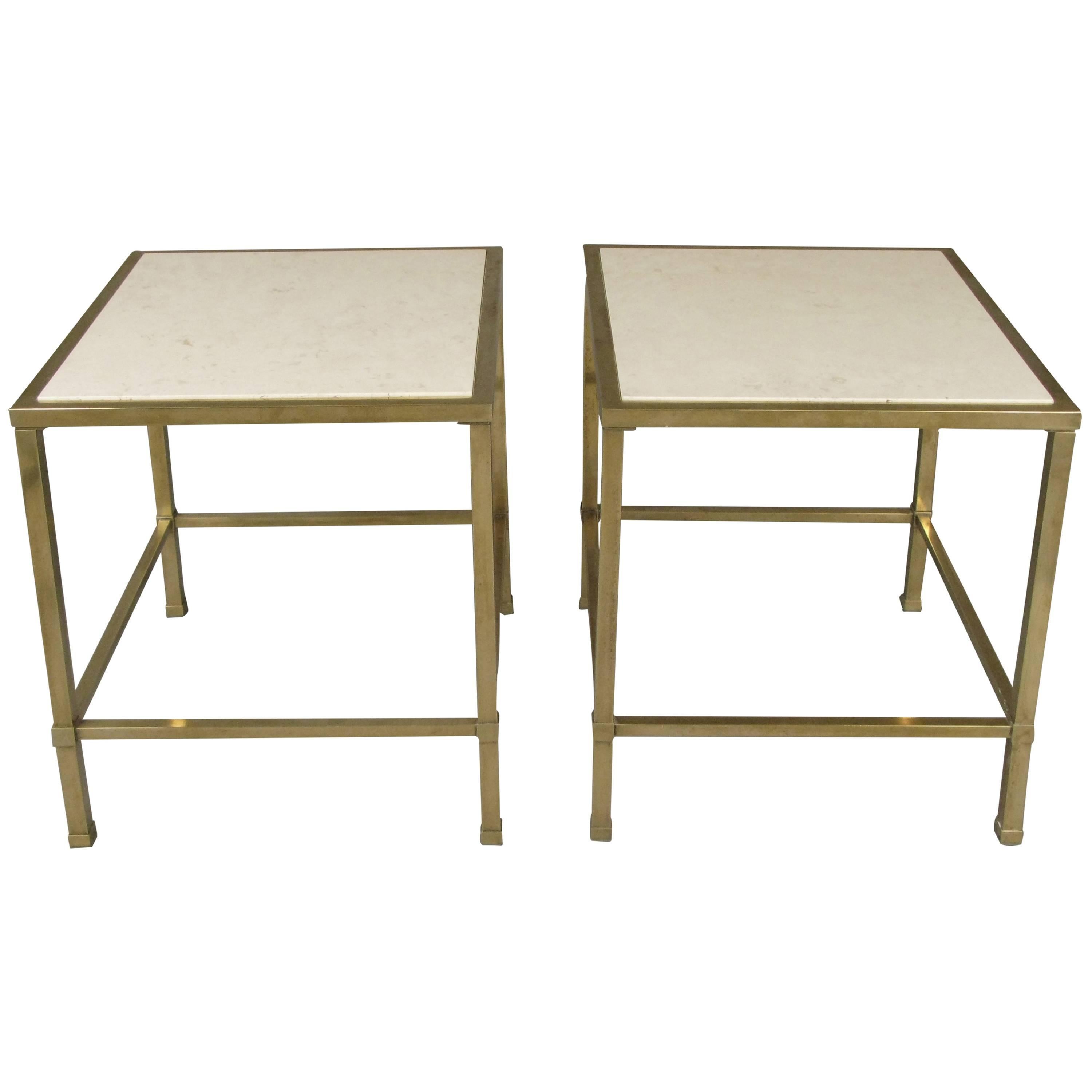 Pair of Vintage 1950s Brass and Travertine Tables