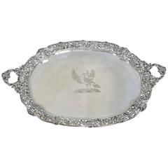 English Sterling Silver, Cast Border Tray with Dove & Olive Branch Crest