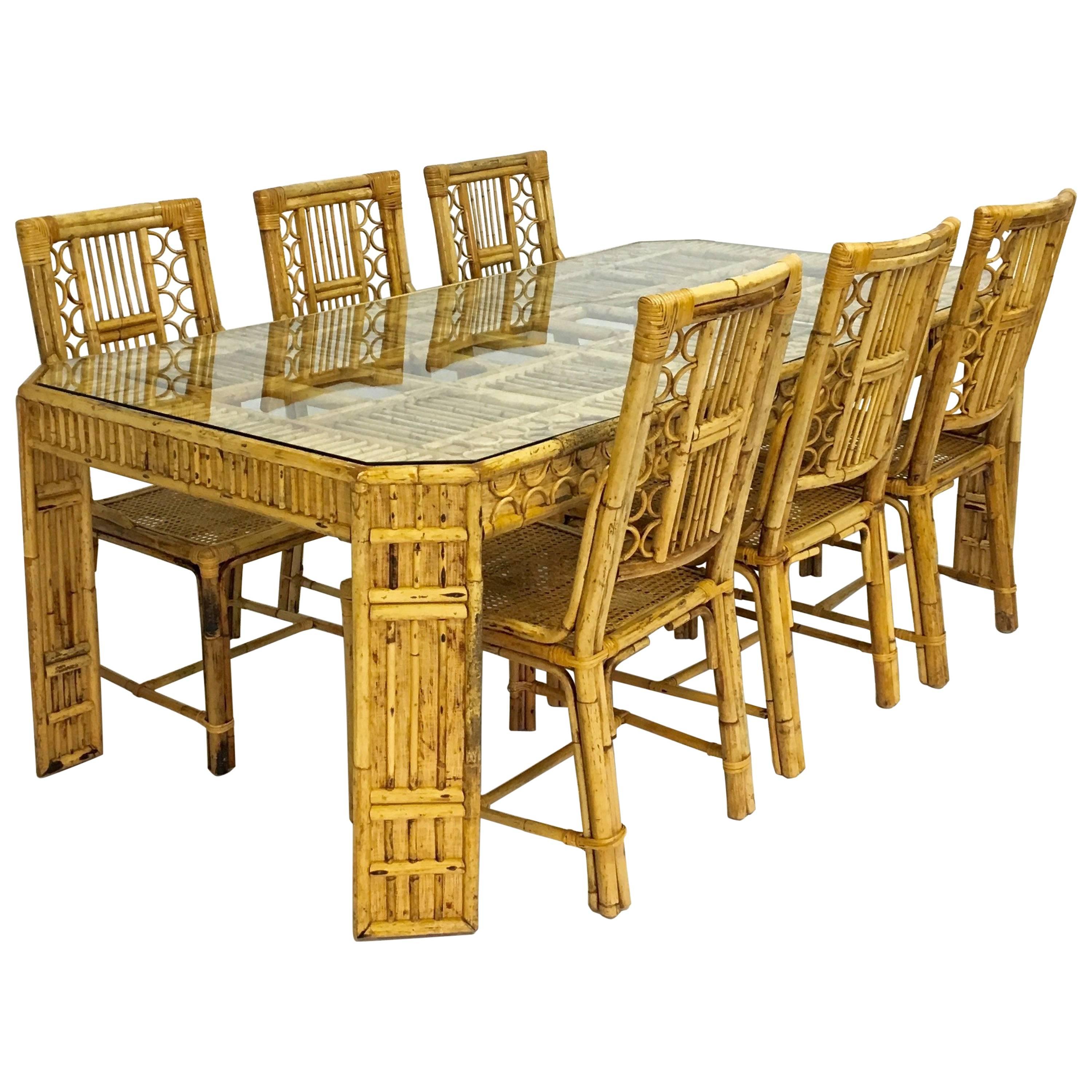 Mid-Century Bamboo and Rattan Dining Table and Six Chairs