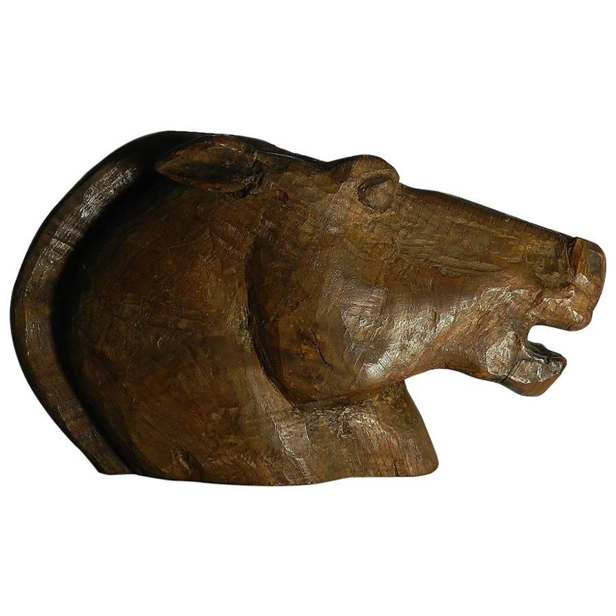 Early 20th Century Hand-Carved Horse Head Sculpture