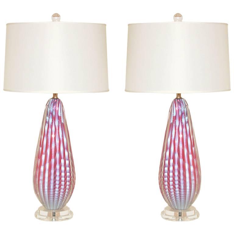 Rare Pair of Opaline Striped Murano Lamps in Cotton Candy For Sale
