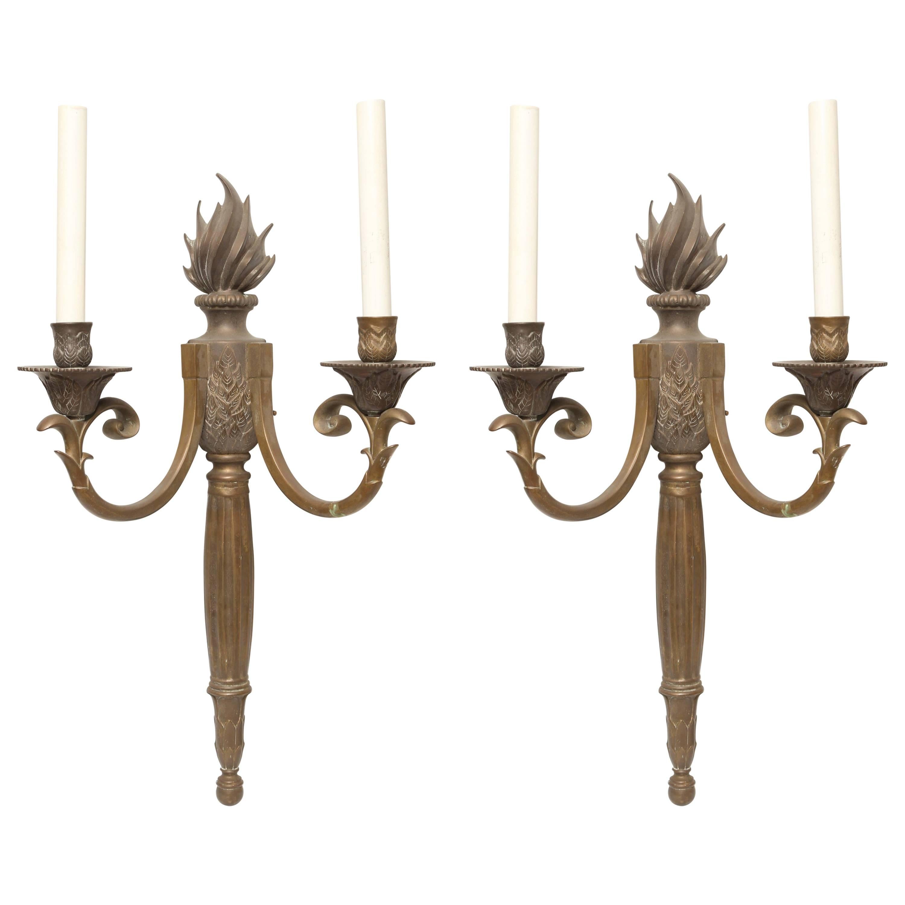 Early 20th Century French Neoclassical Flame Bronze Lights or Sconces Stately For Sale