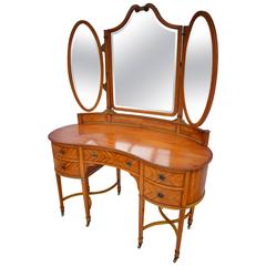 Edwardian Antique Burr Satinwood Dressing Table Triptych Mirror and Five Drawers