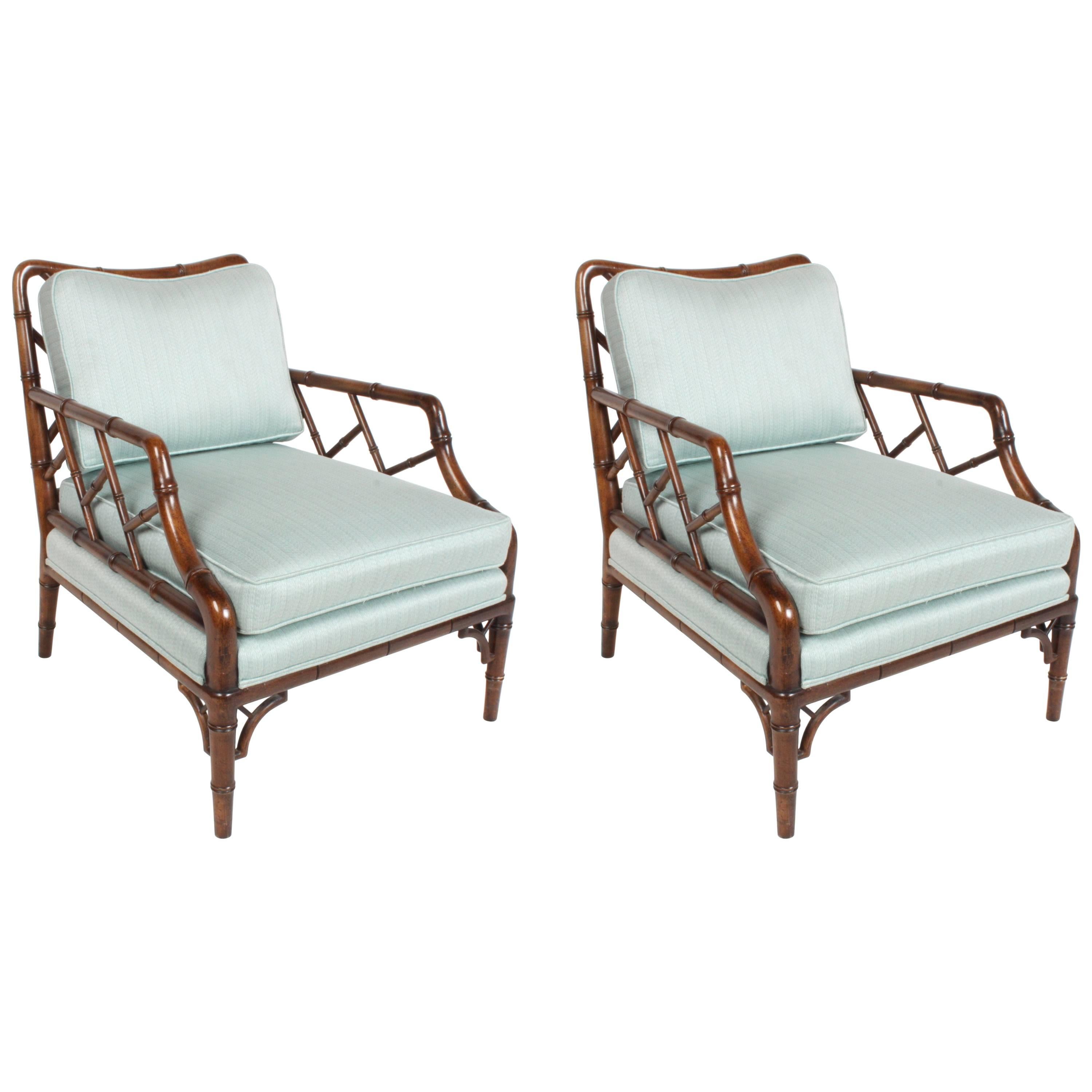 Pair of Faux Bamboo Chinese Chippendale Lounge Chairs 