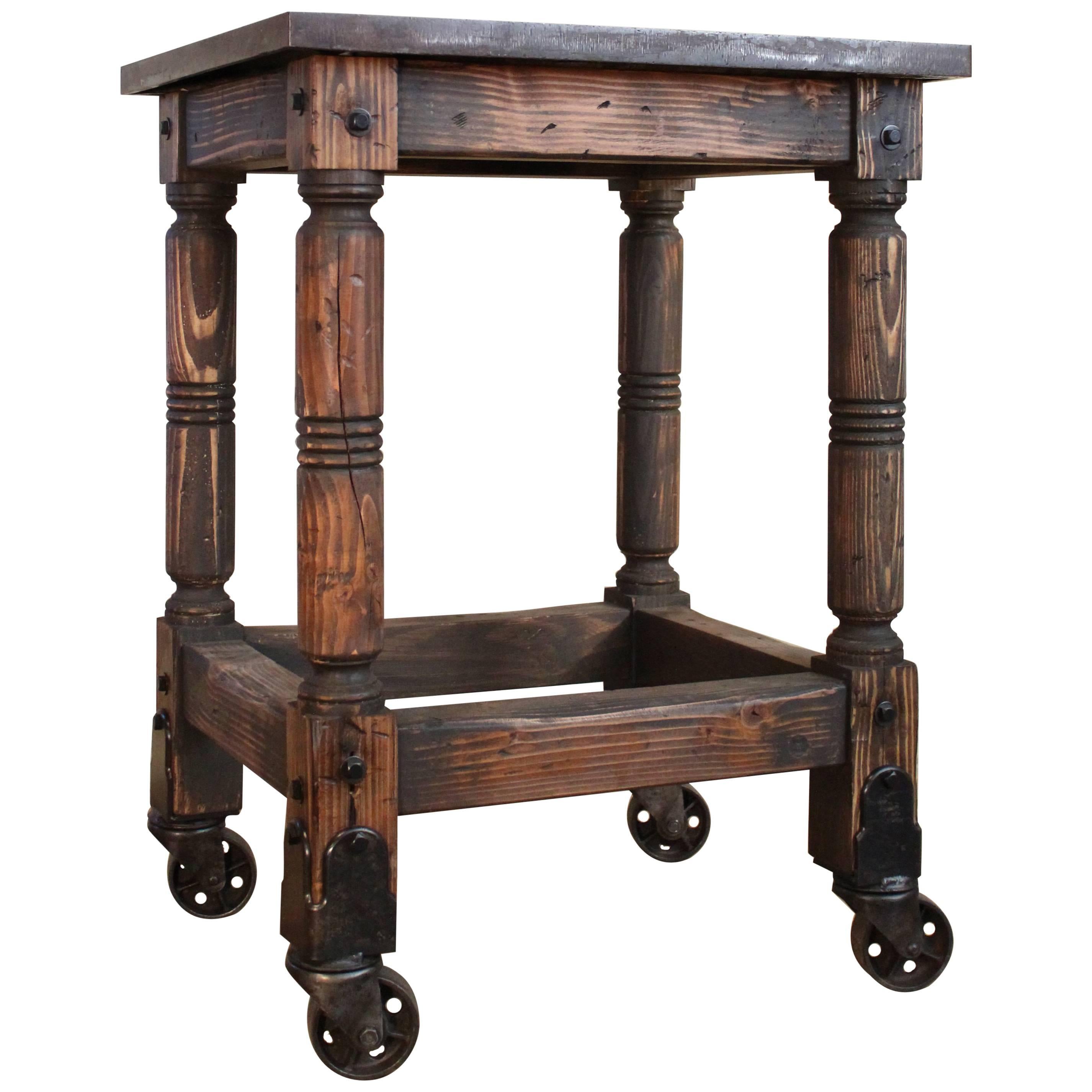 Bar Cart Cast Iron Steel and Wood Printer's Turtle Table, Rolling Serving