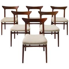 Set of Six Danish Dining Chairs in Walnut and Naturel Fabric