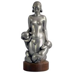 Pewter Mermaid Figure on Wooden Base by Arno Malinowski for Just Andersen, 1930s