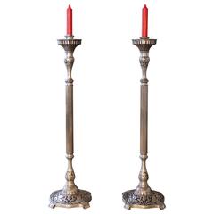 Antique Pair of Candle Stands Holland Brass Works Pewter Finish Floor Pillar Holder 