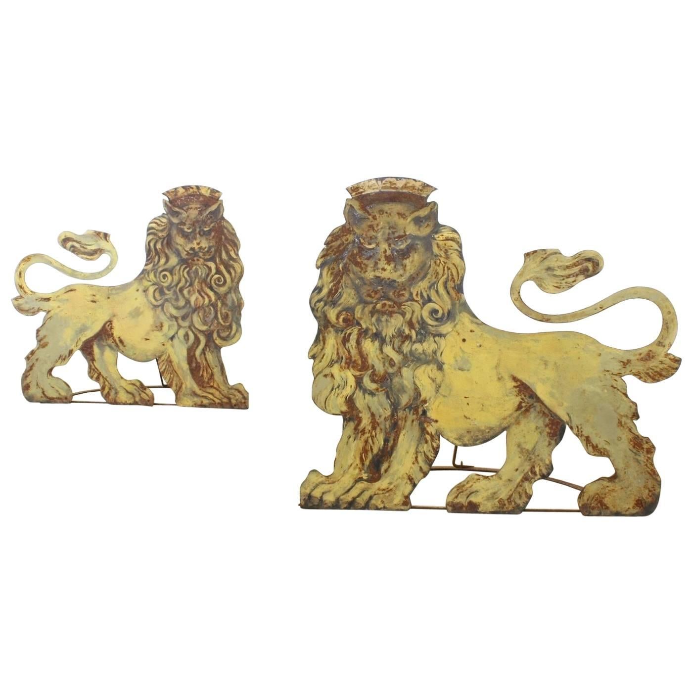 Pair of Folding Wrought Iron and Tole Circus Lions For Sale