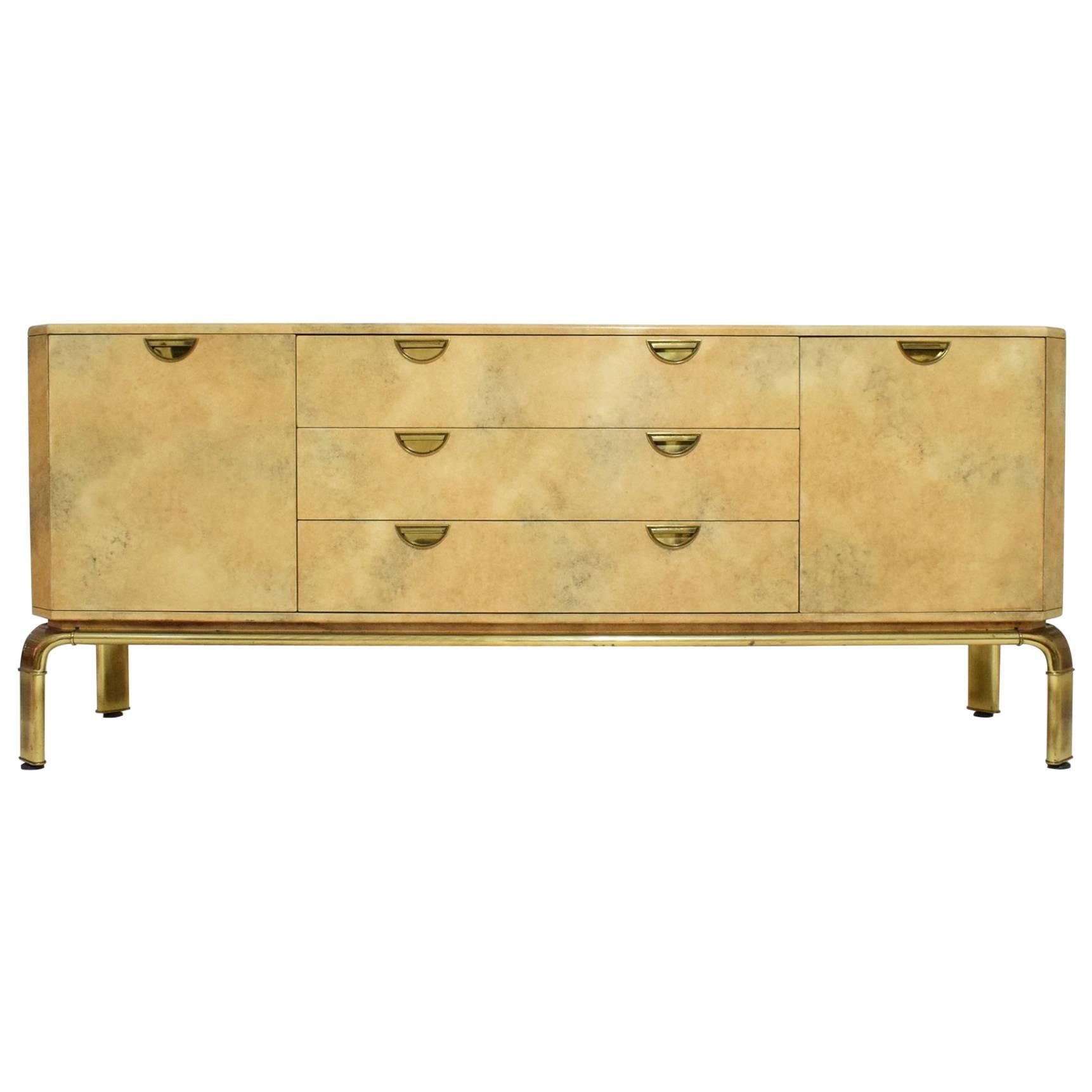 Mid 20th Century Velum and Brass Waterfall Sideboard John Widdicomb Grand Rapids For Sale