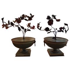 Pair Of Italian Tole Urns With Flowers