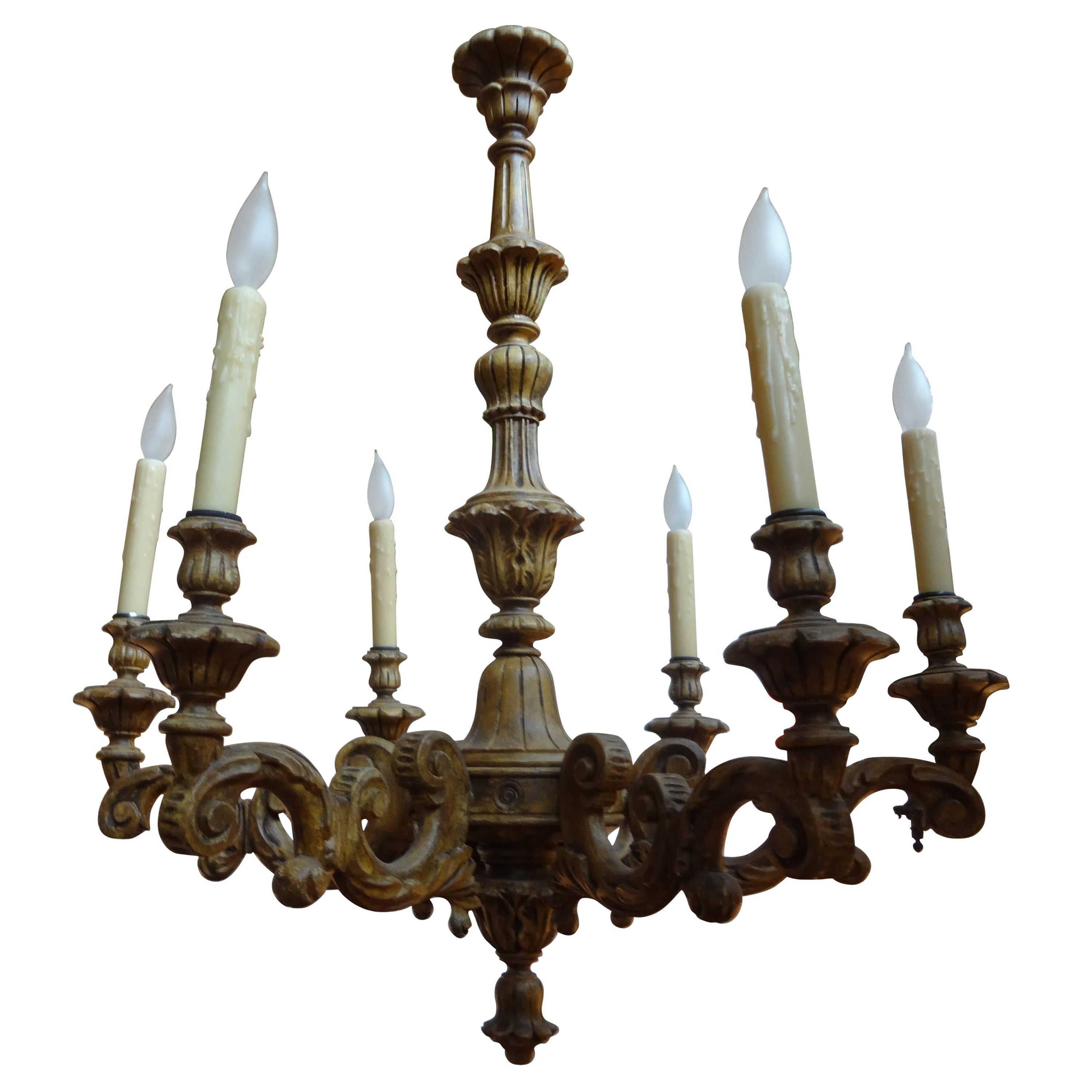 Antique Italian Six-Arm Carved Wood Chandelier