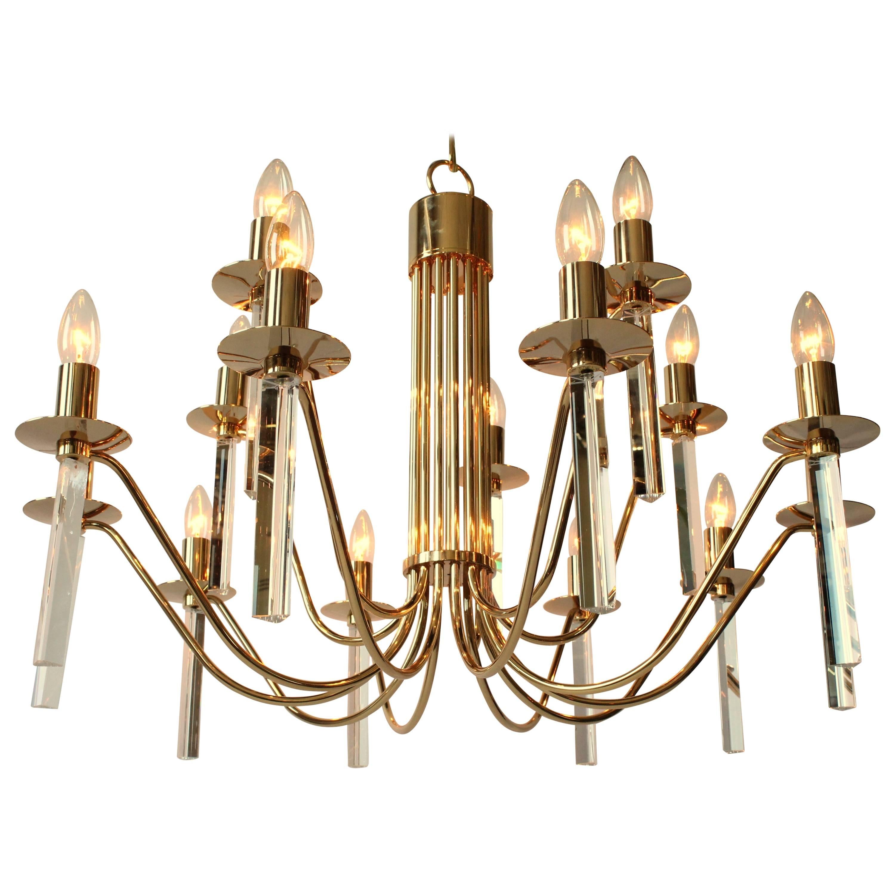 Gold Plated 24 carat  15 Arms  Chandelier by Stilkronen , 1960s , Italy 