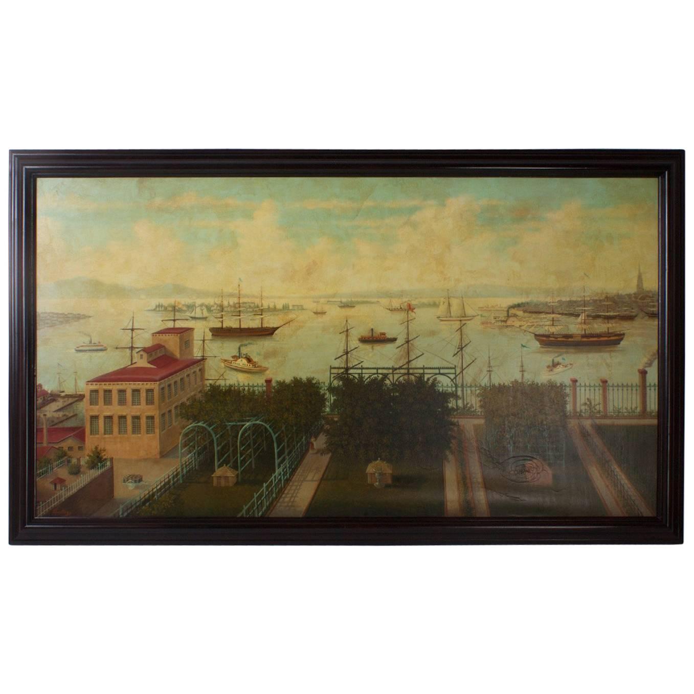 Large Oil Painting on Canvas of a 19th Century Harbor