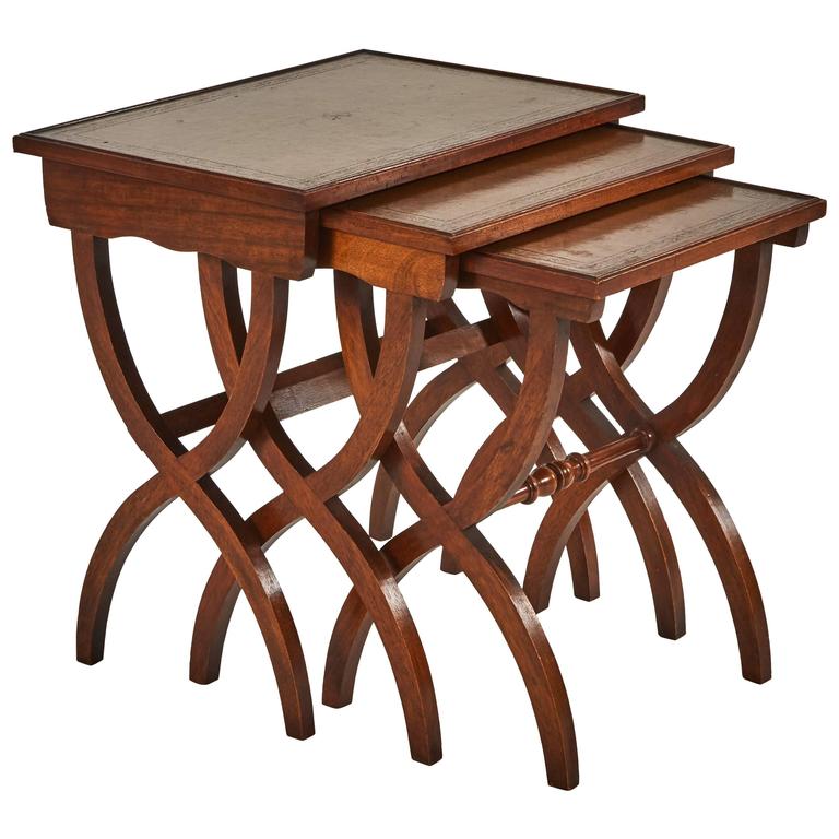 Set of Three MidCentury Leather Top English Nesting Tables For Sale at