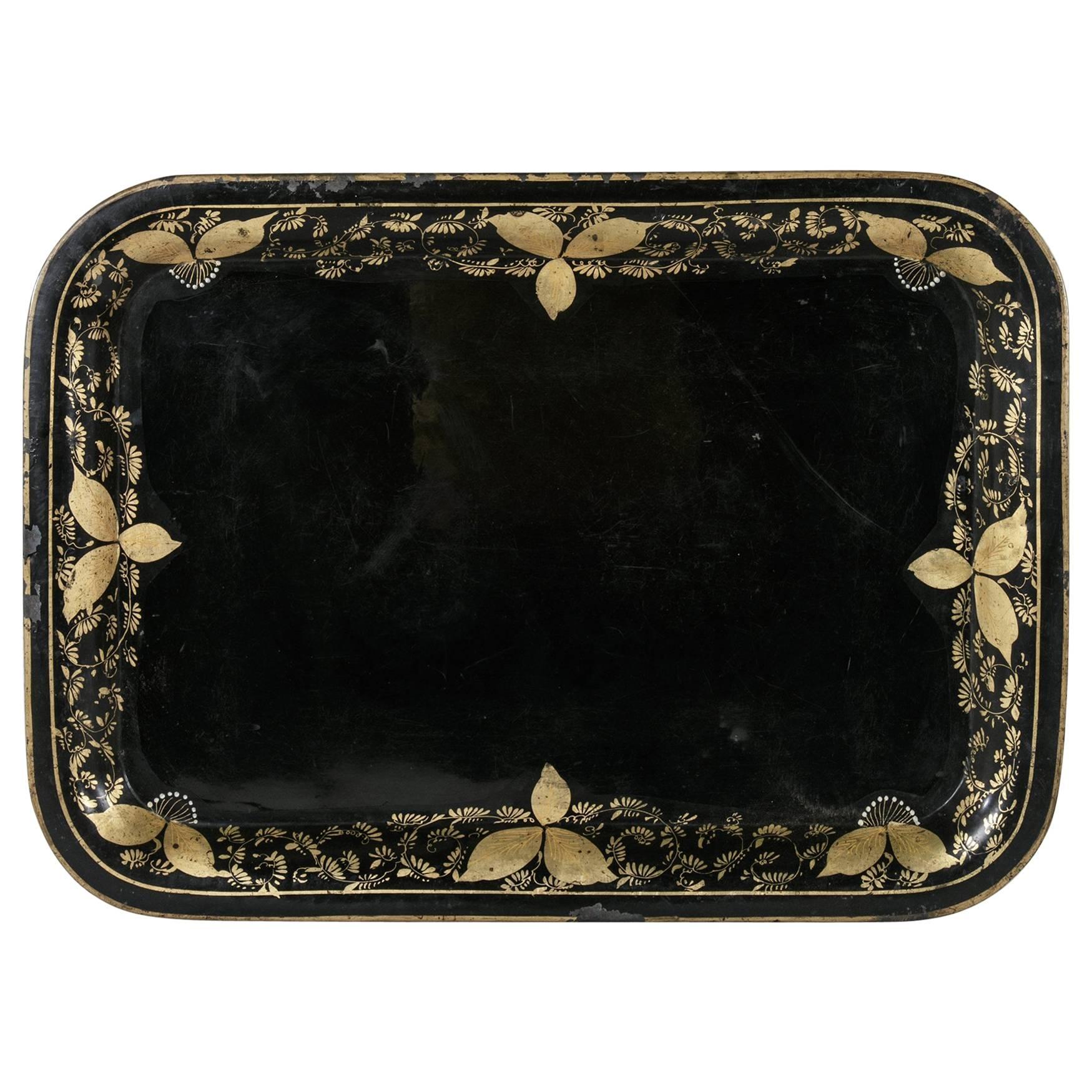 Large 19th Century Napoleon III Period Painted Black and Gold Tole Tray