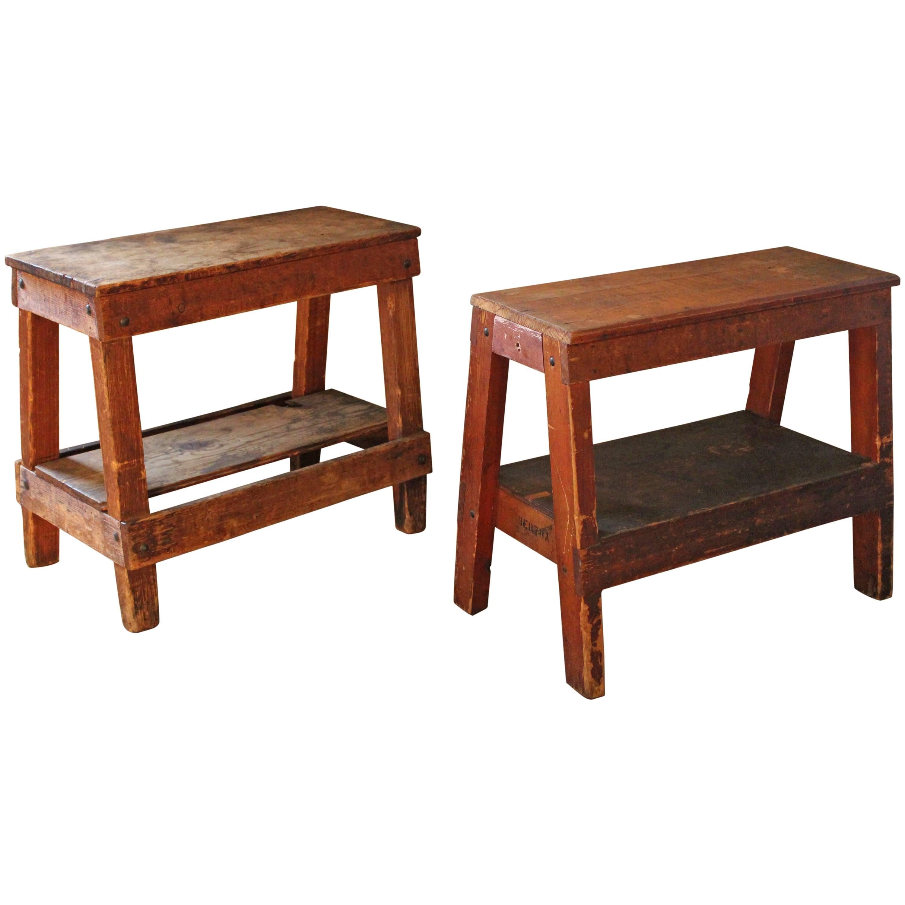 Pair of Vintage Industrial Wooden Factory Work Benches, Side End Tables Horses