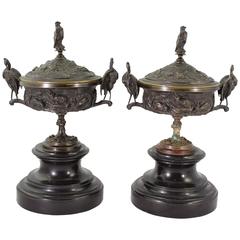 Jules Moigniez Pair of Hunting Covered Bronze Urned Vases