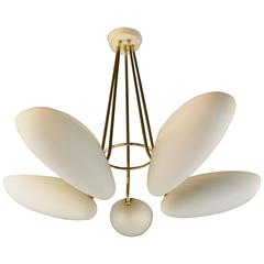 Large Mid-Century Italian Five-Arm Brass and Opal Glass Chandelier, Stilnovo