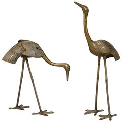 Pair of Tall Sculptural Brass Cranes or Herons