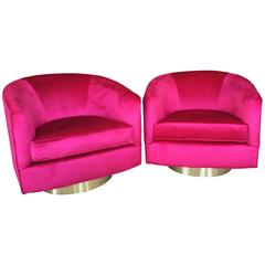 Pair of Milo Baughman Pink Velvet Brass Swivel Tub Barrel Armchairs Vintage
