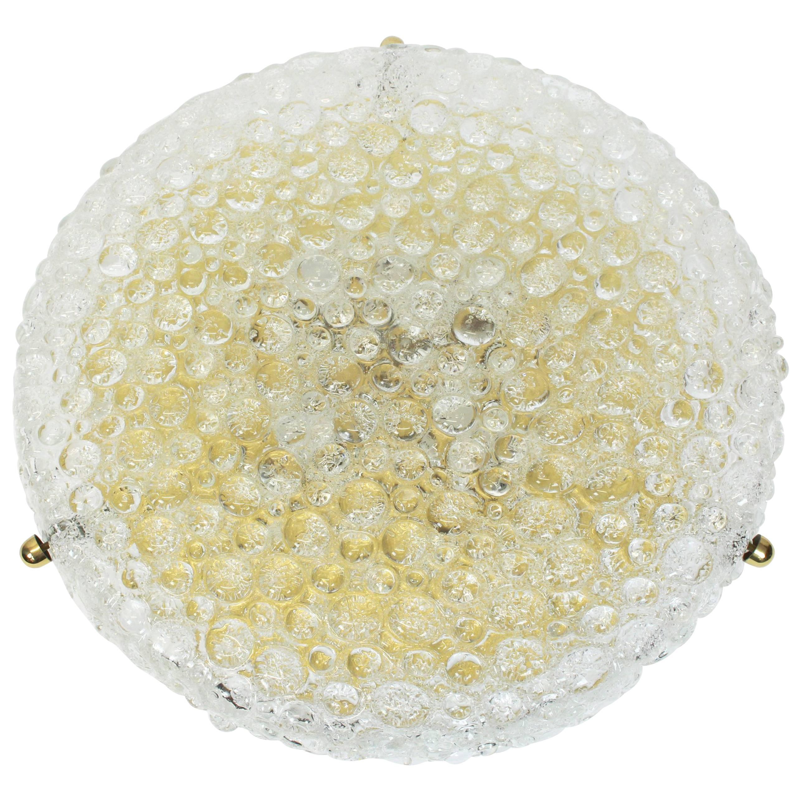 Large Round Ice Glass Flush Mount by Hillebrand, Germany, 1970s