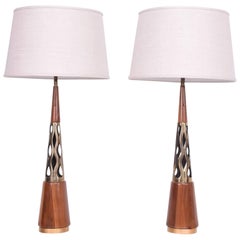 Mid-Century Modern Walnut and Brass Table Lamps