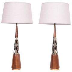 Mid-Century Modern Walnut and Brass Table Lamps 3
