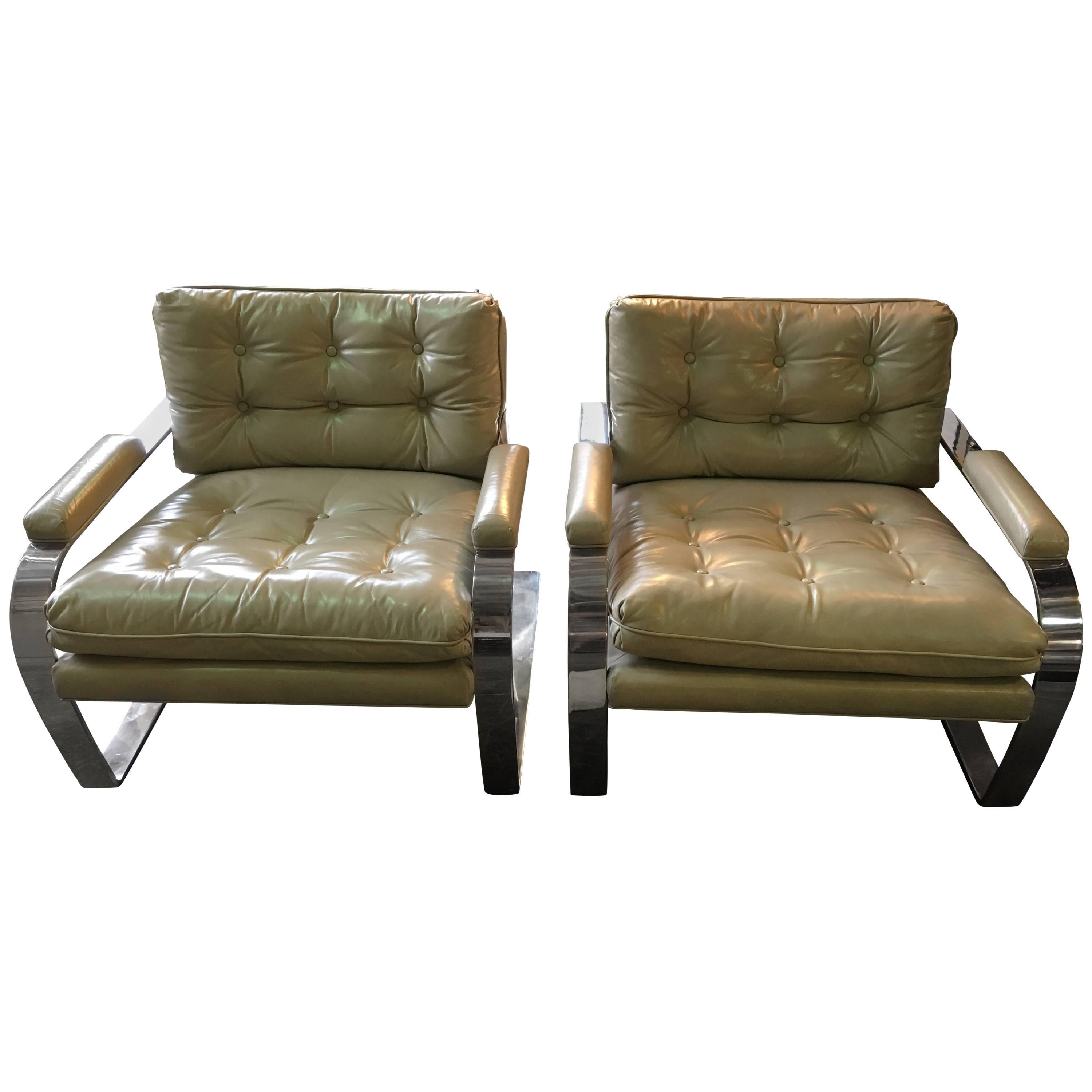 Pair of Milo Baughman Chrome and Leather Lounge Chairs