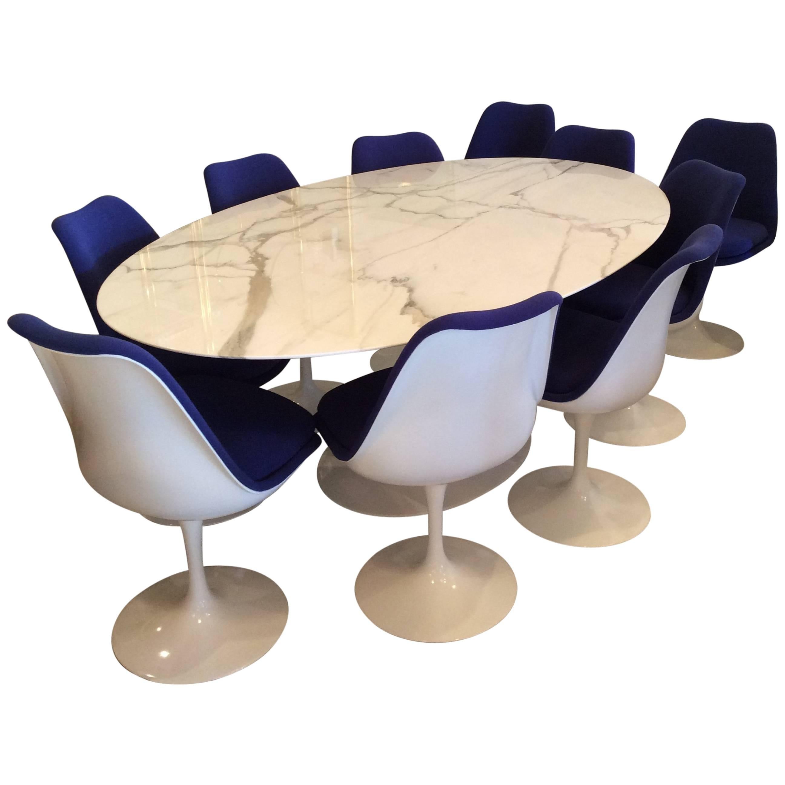 Knoll Tulip Table Eero Saarinen Marble & Ten Swivel Blue Dining Chairs Oval