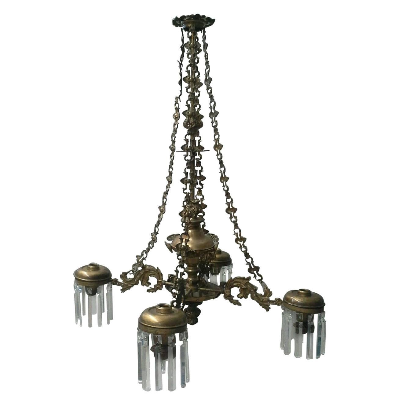 Rare Antique Gilt Bronze 4-Light Solar Chandelier Henry Hooper & Co., Boston