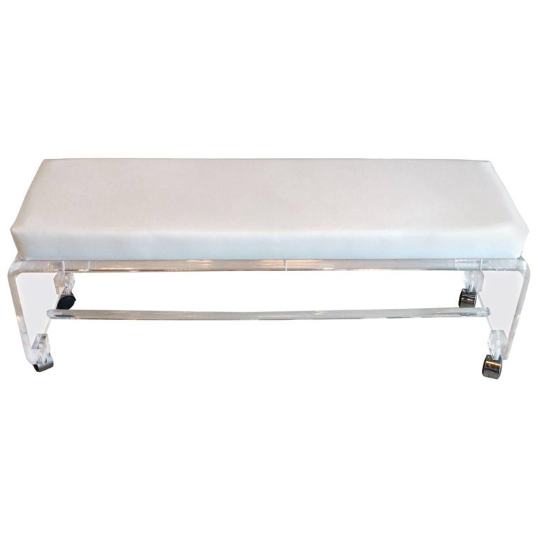 Lucite Waterfall End Of Bed Bench Seat Chair White Leather Vintage