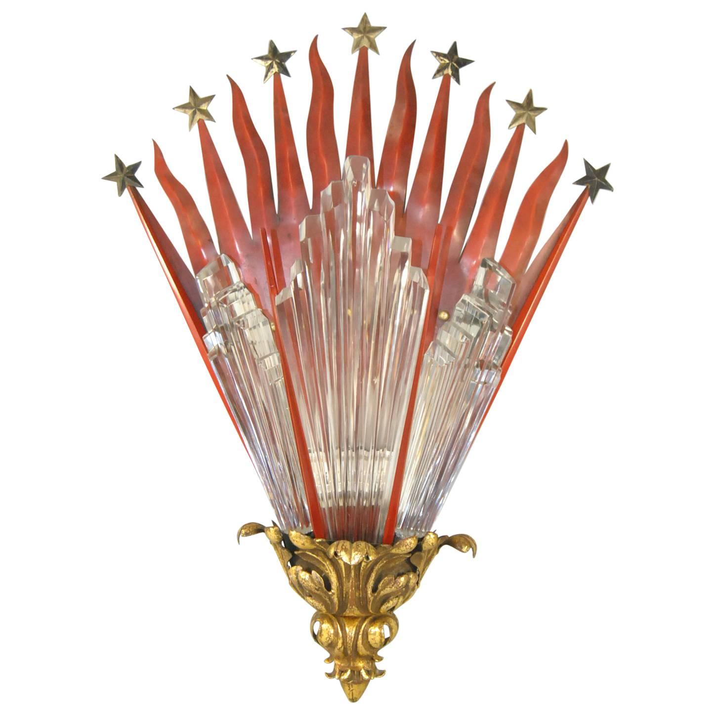 French Art Deco Sun and Stars Motiff Brass Theatre Wall Sconce