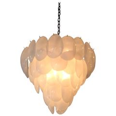 Murano Vistosi Disk Glass White Opaline Chandelier Brass Italian Vintage