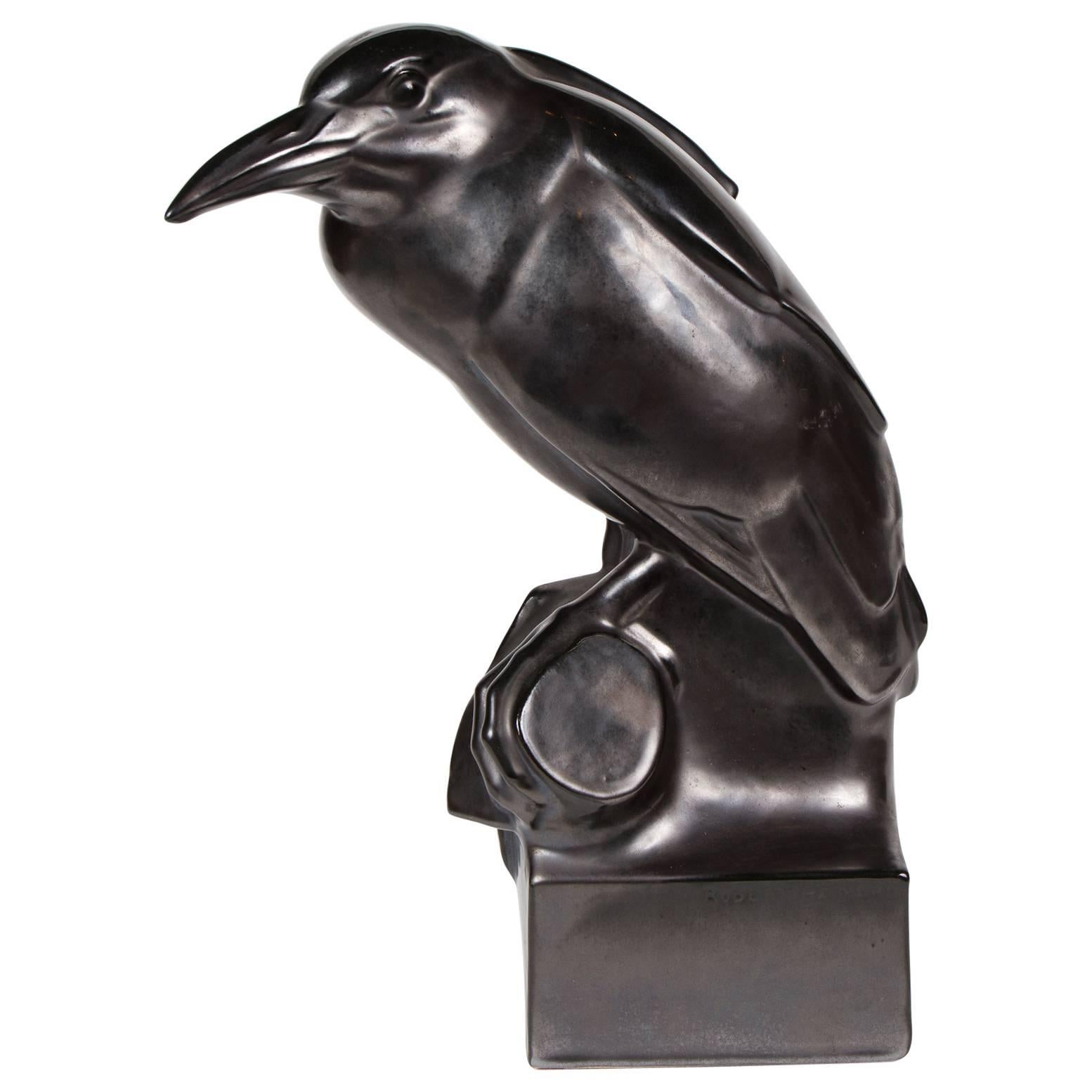Whimsical Black Raven Ceramic Sculpture by Robert Hainard