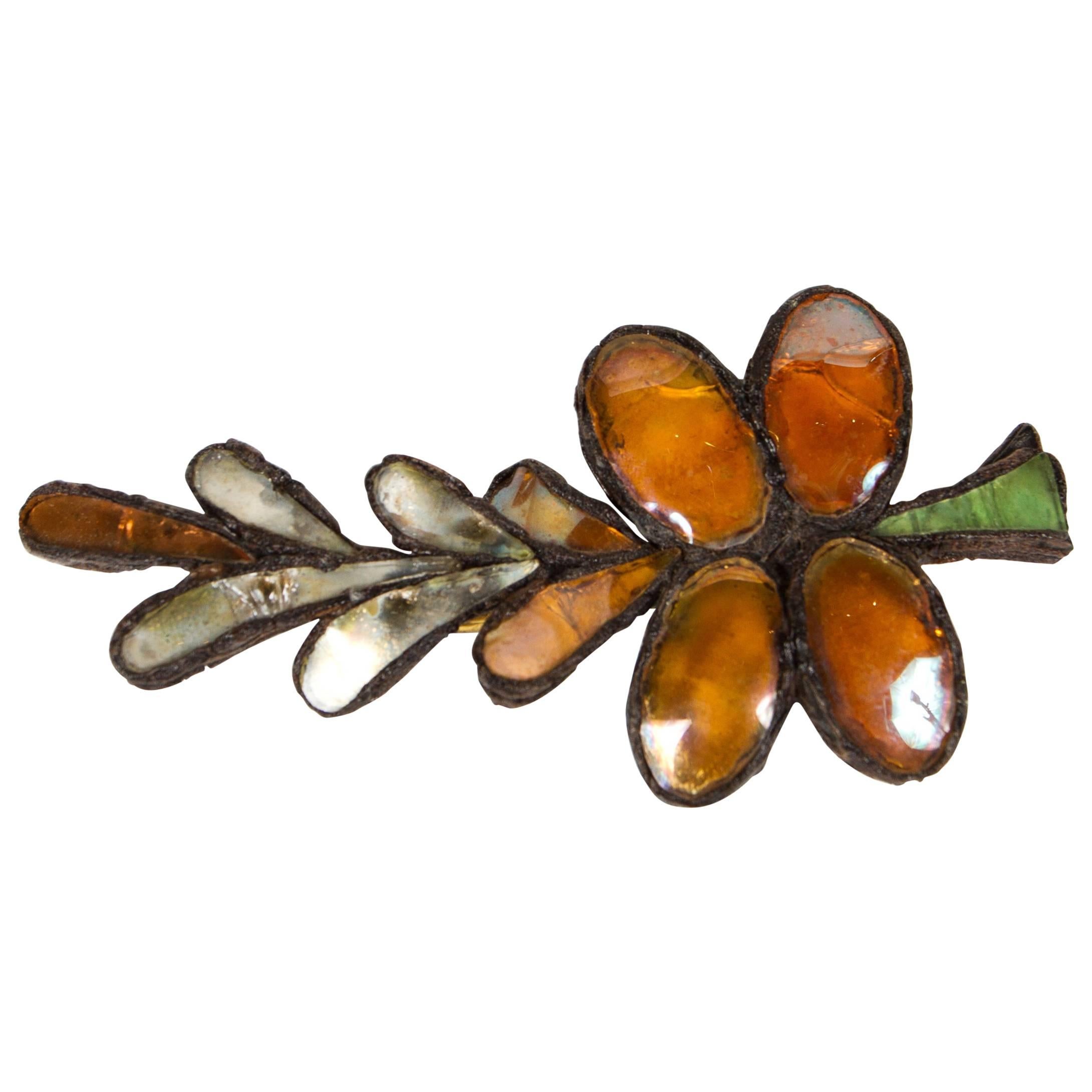 Rare "Palm" Brooch in Talosel Resin and Glass by Line Vautrin