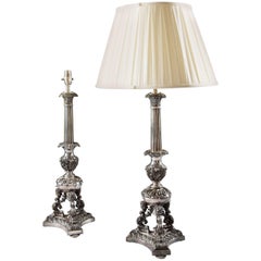 Pair of Large Silvered Column Lamps