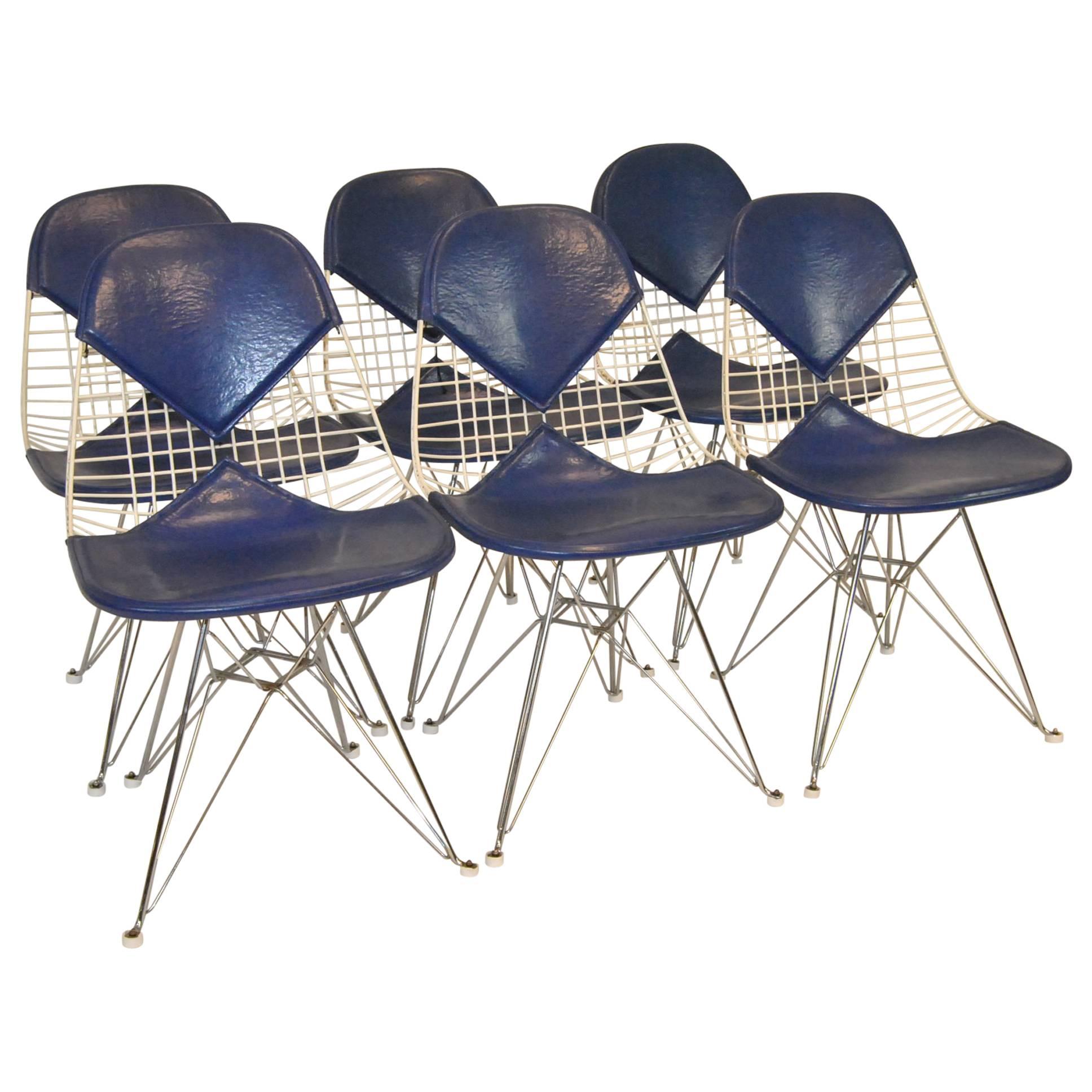 Set of Six Herman Miller Dark Blue Wire Bikini Chairs