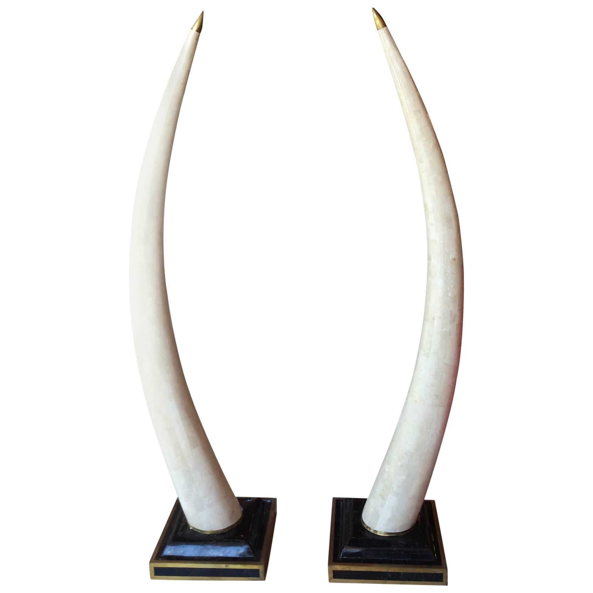 Pair of Maitland-Smith Brass Tesselated Stone and Brass Faux Elephant Tusks