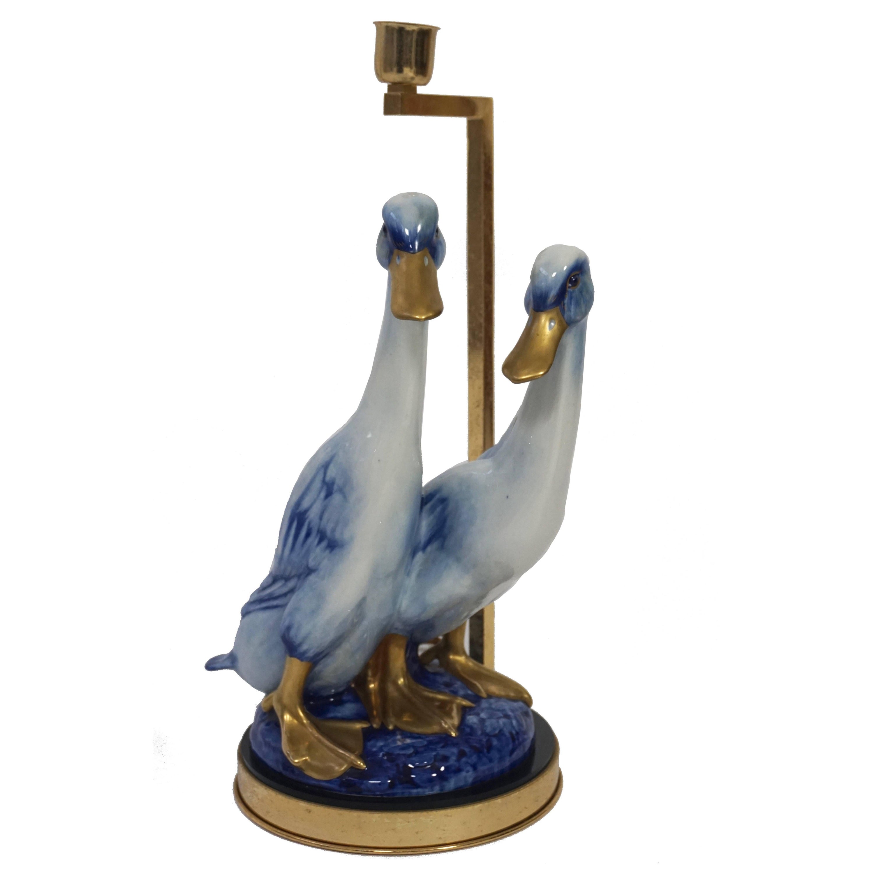 Brass and Porcelain Duck Figurine Mounted as Table Lamp For Sale