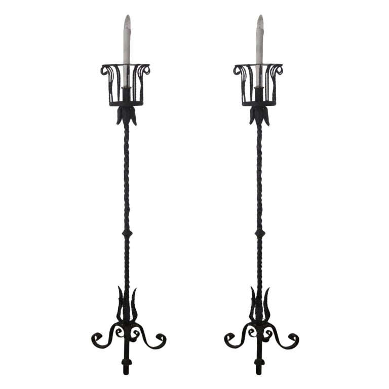 Pair of French Art Deco Wrought Iron Floor Lamps / Torchieres, Gilbert Poillerat